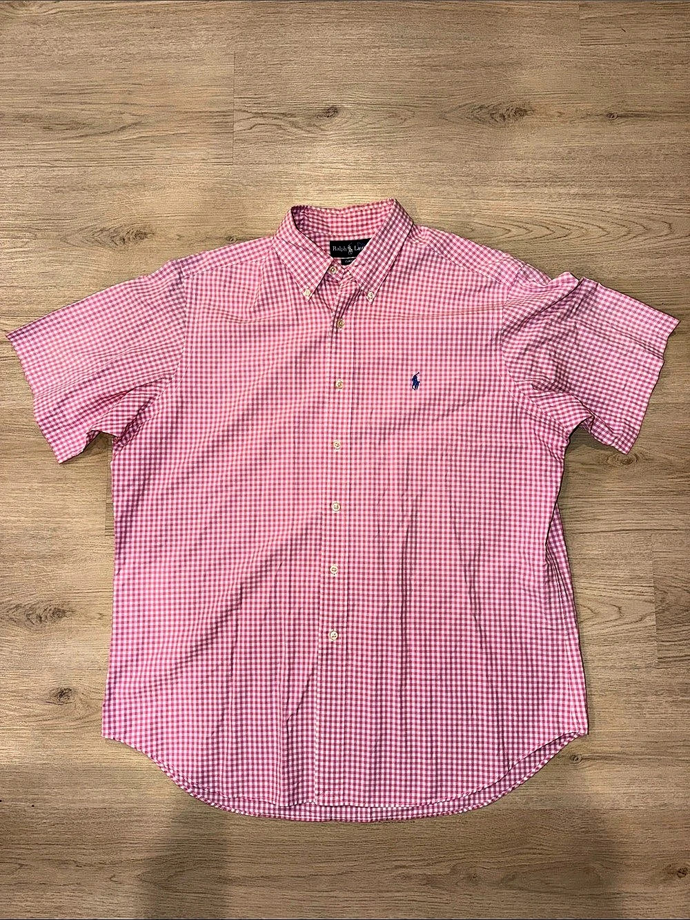Ralph Lauren Classic Fit Gingham Button Down Shirt Pink & White XL Like New